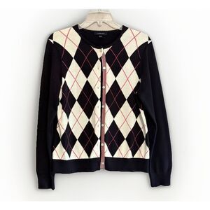 Lands End Supima Cotton Argyle Cardigan Sweater Navy Blue Pink Preppy Y2K Med P